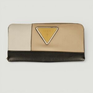 GUESS Zip‎ Around Wallet Beige Black Gold Triangle Logo Continental